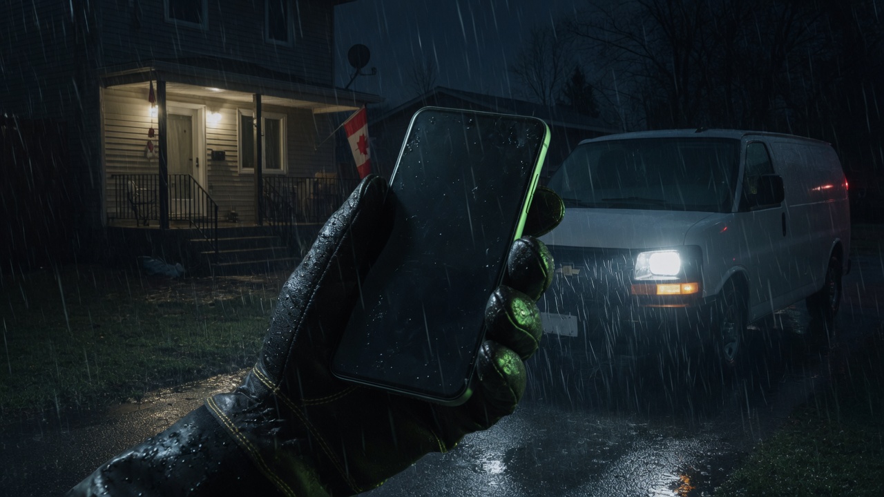 A work glove holding a phone in the rain at night, a service van waiting in the driveway.
