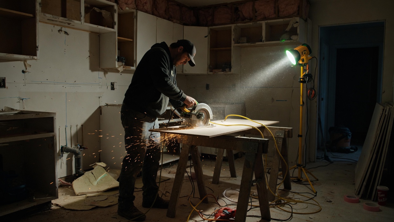 A contractor cutting plywood mid-renovation, both hands busy.