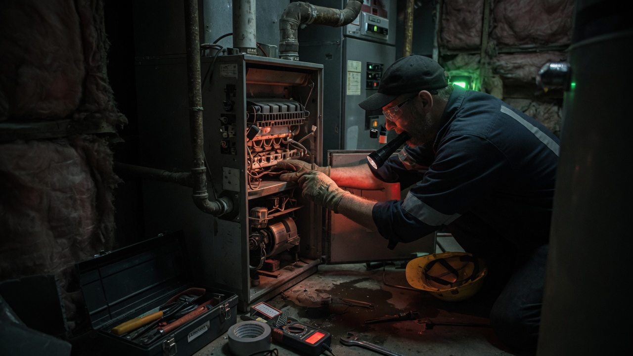 An HVAC tech inside an open furnace, both hands in the cabinet.