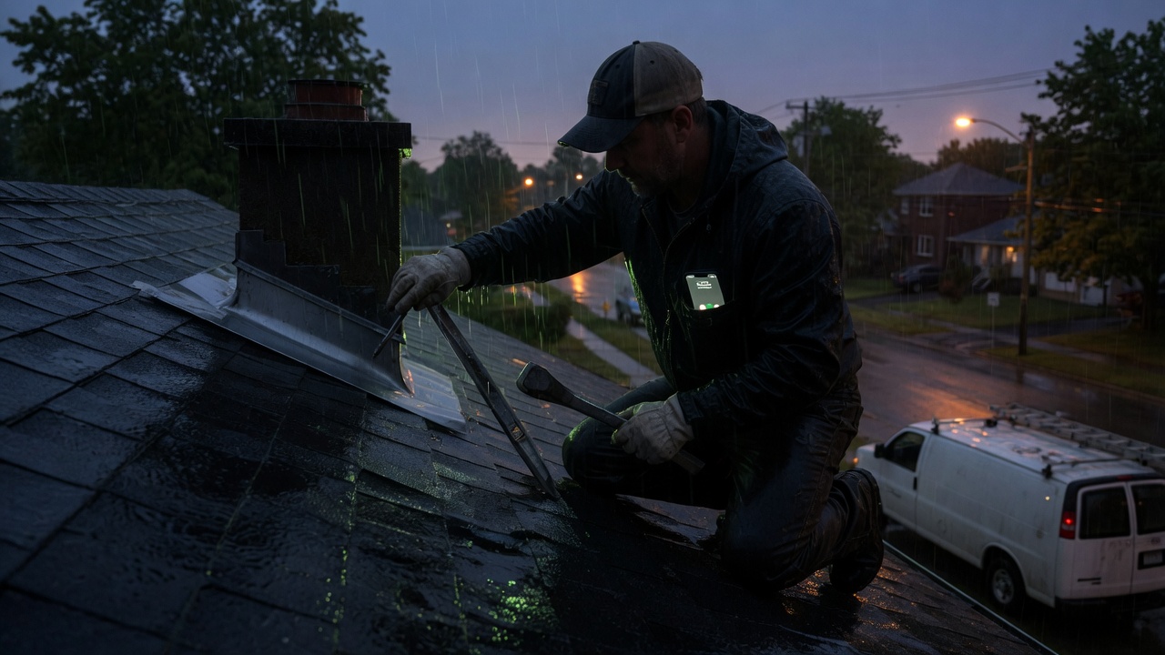 A roofer on a wet roof at dusk, phone ringing in his pocket.