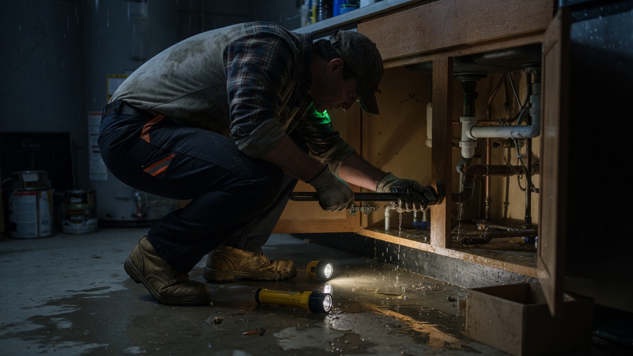 A plumber under a kitchen sink, both hands on the pipes.