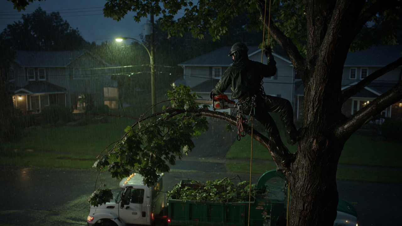 An arborist in a tree in the rain, both hands on the work.